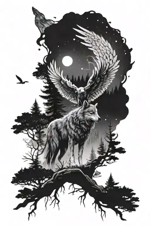 A Mystical Forest Scene With A Wolf And Eagle Symbolizing Peace And Power