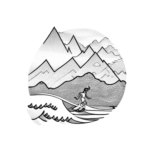 A Surfer Catching A Wave With A Mountain Landscape In The Background