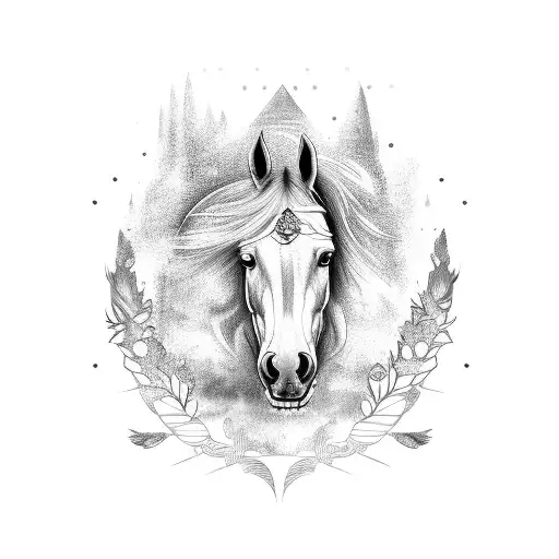 A Horse Inside A Trophy With Feathers Around It