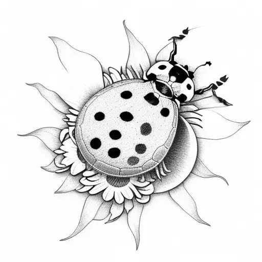 A Ladybug On Flowers With Sun And Moon In The Middle