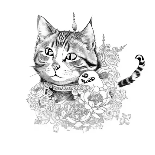 A Whimsical Design Featuring A Cat Dressed As An Anime Character Surrounded By Flowers