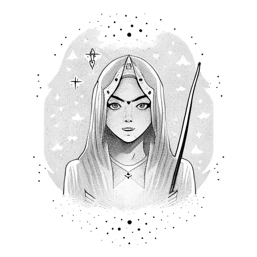 Outline Of A Girl With A Sword In Front Of An Archway Of A Starry Night