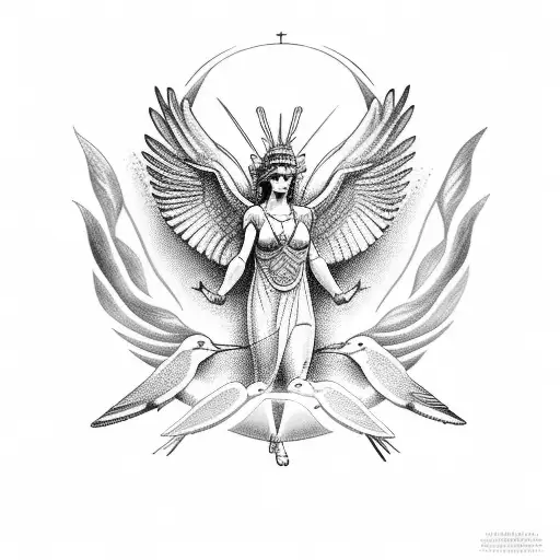 A Tattoo Depicting Greek Goddess Nike In A Victorious Pose With A Hummingbird Flying Around Her
