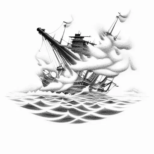 A Tattoo Of A Dramatic Scene Of A Naval Battle With Cannon Fire And Billowing Smoke