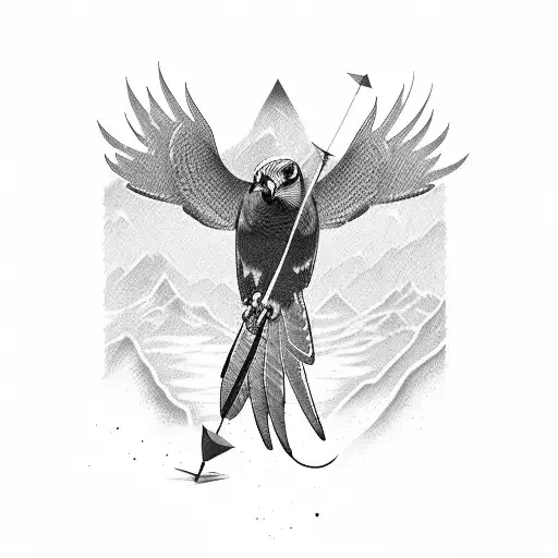 A Hawk Thats Been Shot With Arrows And Its Flying Over A Mountain