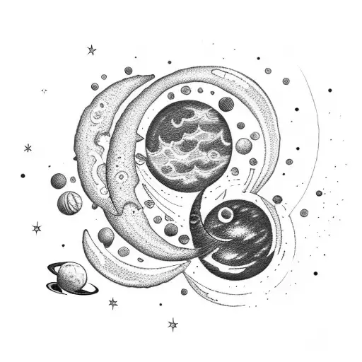 A Crescent Moon Surrounded By Planets In A Dotwork Style