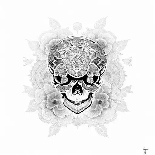 A Skull With Intricate Japanese-inspired Patterns And Cherry Blossoms