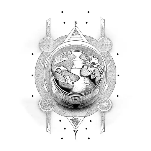 A Dotwork Representation Of A Globe With Intricate Massage Symbols And Storytelling Elements