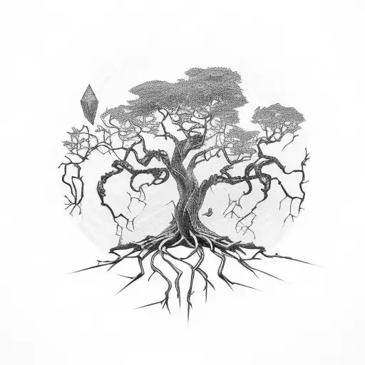 Scythe With Nature And Roots Sprouting From The Wood