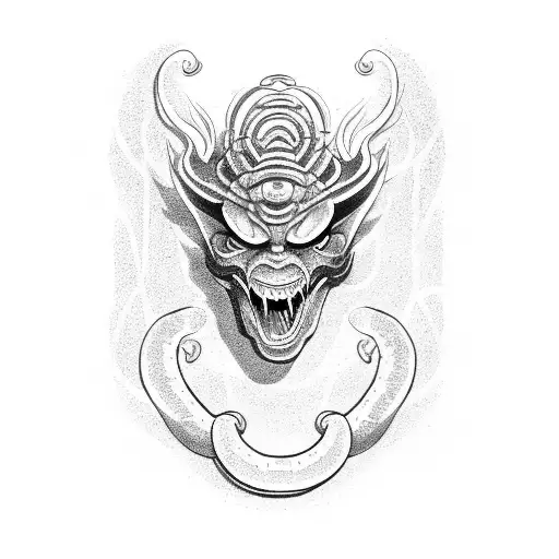 Oni Mask Hugged By Snake And Katana