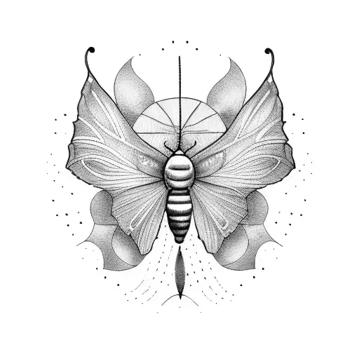 A Dotwork Tattoo Of A Luna Moth Sitting On A Vinyl Record With Musical Notes In The Background