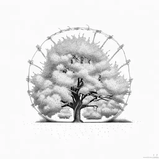 Tree In A Farm With A Wire Fence In Front Of It