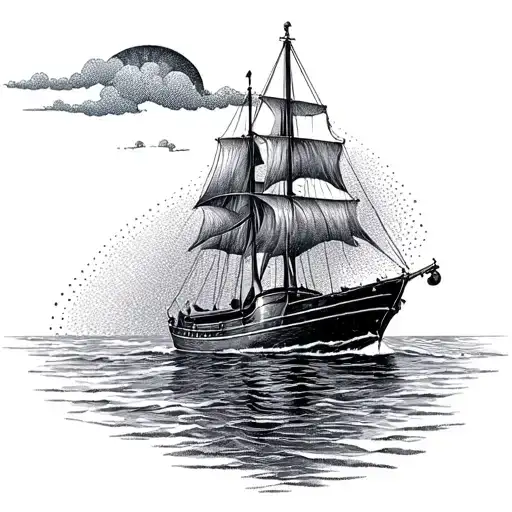 An Intricate Dotwork Design Of A Fishing Boat Sailing On A Serene Ocean