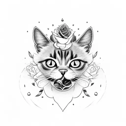 Black Cat With Rose In Her Mouth