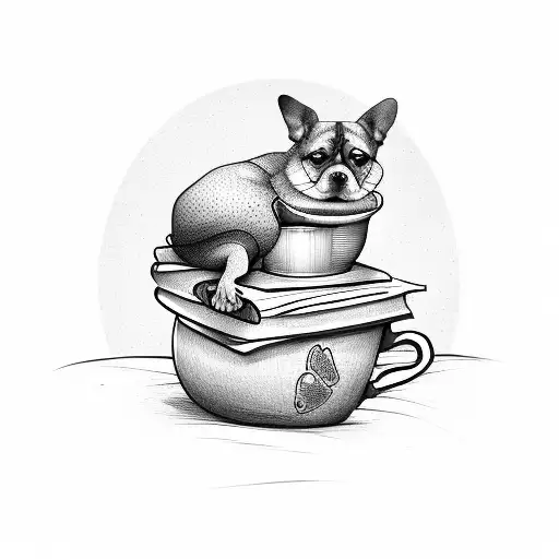 A Dog Curled Up On A Pile Of Books With A Coffee Cup Resting On Top