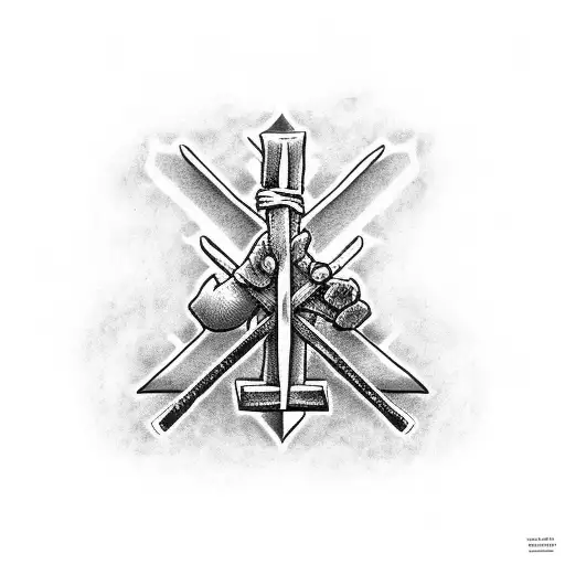 Religious Things Like Crosses Mixed In With Hockey Things Like Sticks And Pucks As A Forearm Tatoo