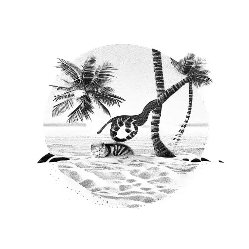 A Serene Beach Scene With A Cat Lounging Under A Palm Tree