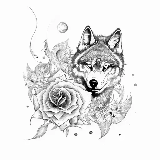 Moon Wolf And Flowers