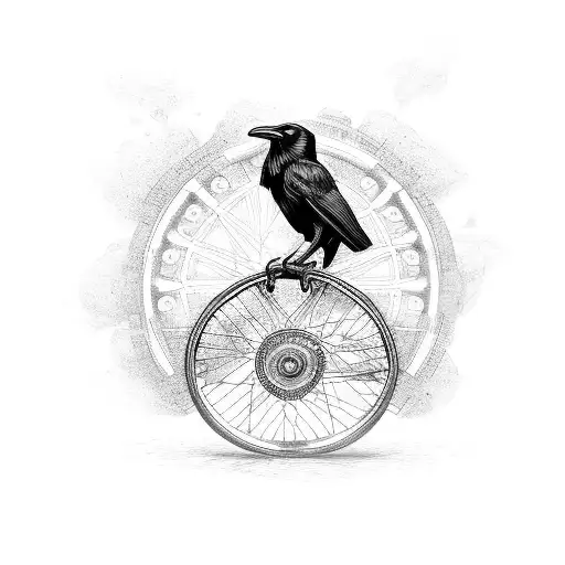 A Raven Perched On A Bicycle Wheel With Intricate Dotwork Detailing