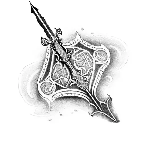 A Dotwork Tattoo Depicting A Mythical Sword From An Ancient French Legend Emerging From A Book