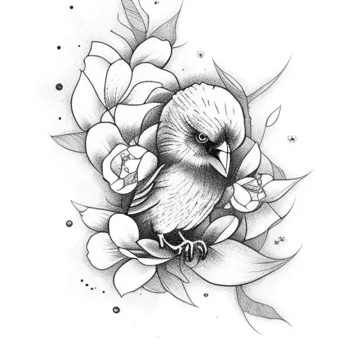 Crow With Flowers Thin Lines Light Shading