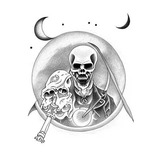 Full Body Grim Reaper With Moon And Clouds And Bats