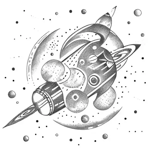 A Space-themed Tattoo Of A Rocket Ship Flying Towards A Moon Made Of Wine