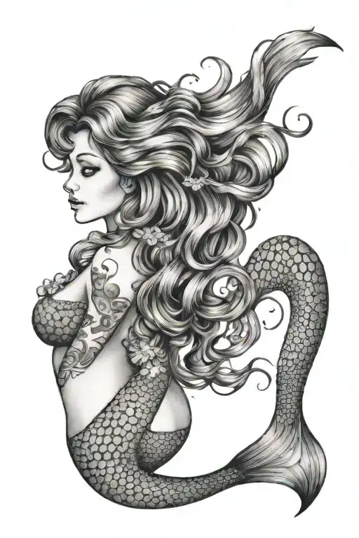 Mermaid With Bushy Tail And Hair