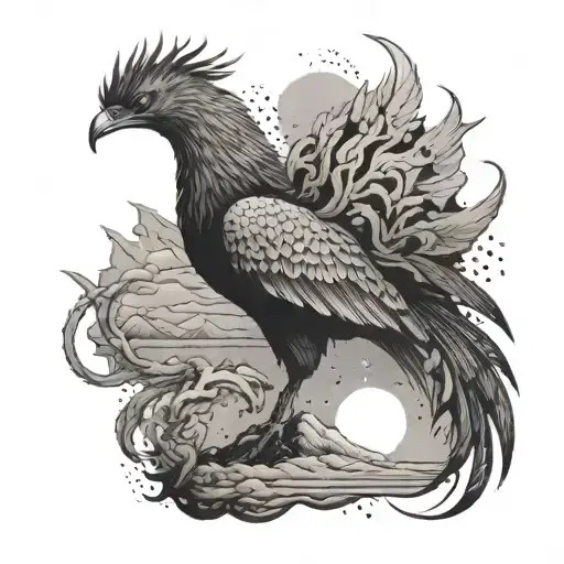 A Desert Landscape With A Phoenix Rising From The Ashes