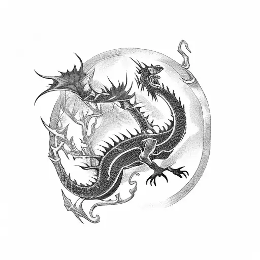 Black Dragon And Cherry Blossom Tree