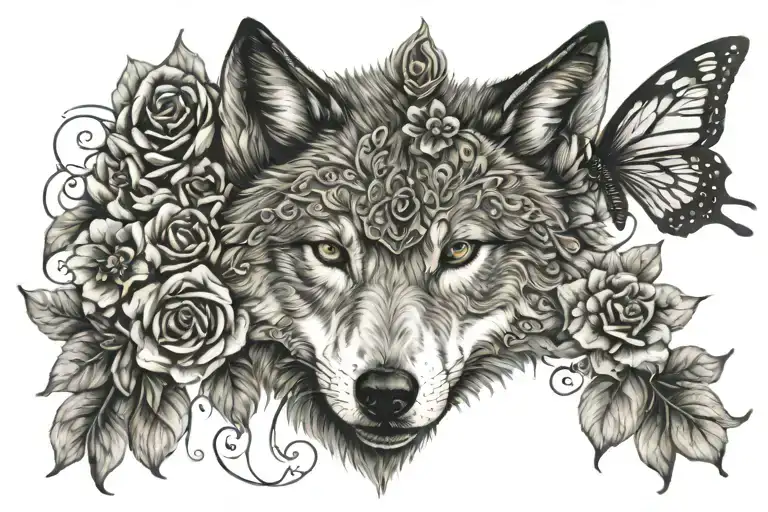 Wolf With Butterfly And Flower Intertwined