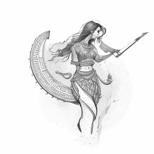 Woman Holding Scales Greece Style With Line Bold Behind Her