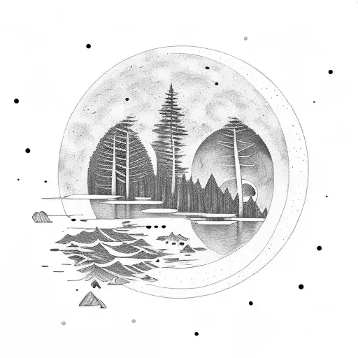 Forest Under Moon With A Lake