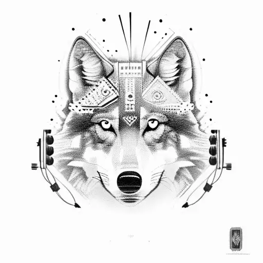 A Detailed Black And Grey Tattoo Of A Wolf Surrounded By Musical Instruments