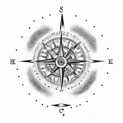 A Dotwork Tattoo Of A Compass Surrounded By Trees And A Winding Trail