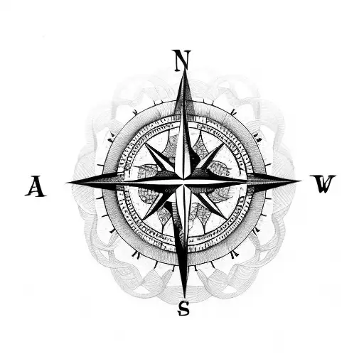 A Dotwork Tattoo Of A Compass Surrounded By Trees And A Winding Trail