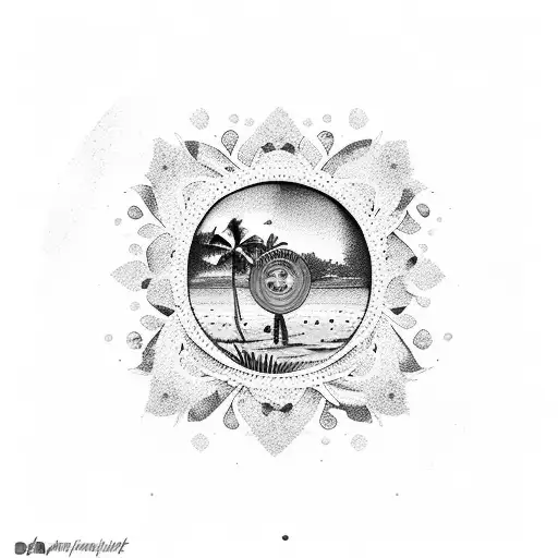 A Dotwork Tattoo Of A Vinyl Record With A Tropical Hawaiian Beach Scene Inside