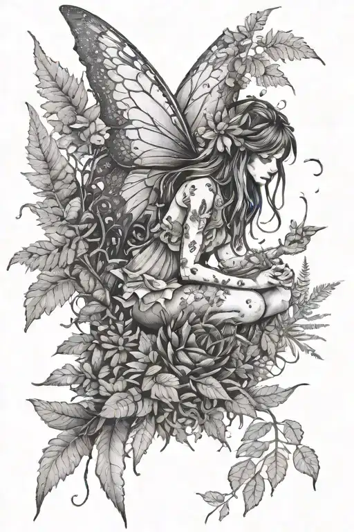 Small Fairy Sitting In The Woods With Ferns And Coneflowers And Leaves And Trees