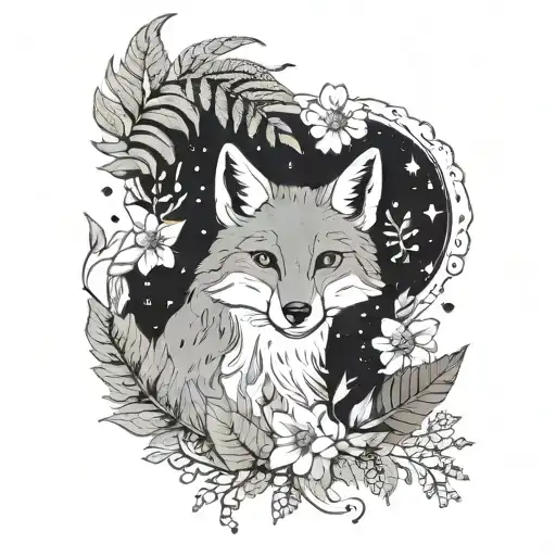 Fox Under The Moon And Stars In Fern Leaves And Flowers