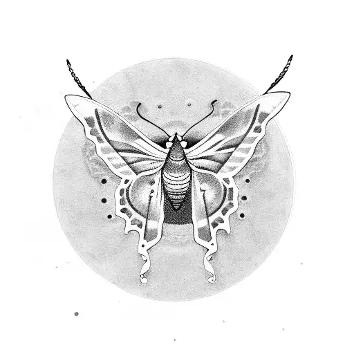 A Dotwork Tattoo Of A Luna Moth Sitting On A Vinyl Record With Musical Notes In The Background