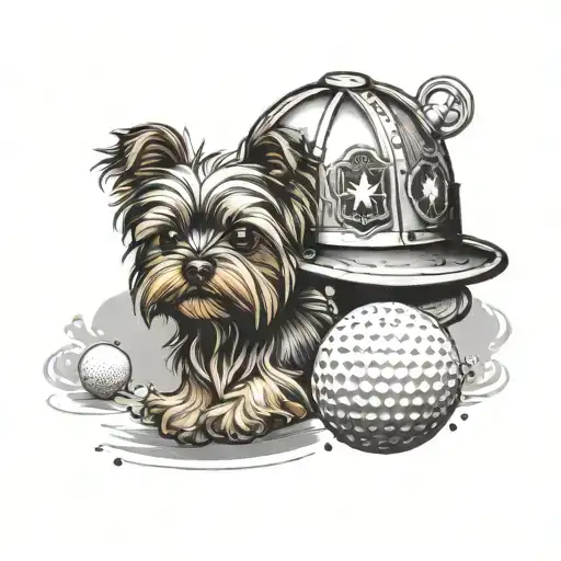 A Yorkie Chasing A Golf Ball With A Firefighter Helmet On