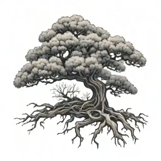 A Dotwork Tattoo Of A Manga-style Bonsai Tree With Intricate Roots And Branches