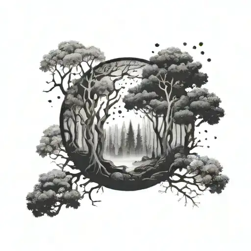 A Mystical Forest Landscape With Manga Elements Intertwined With Tree Branches