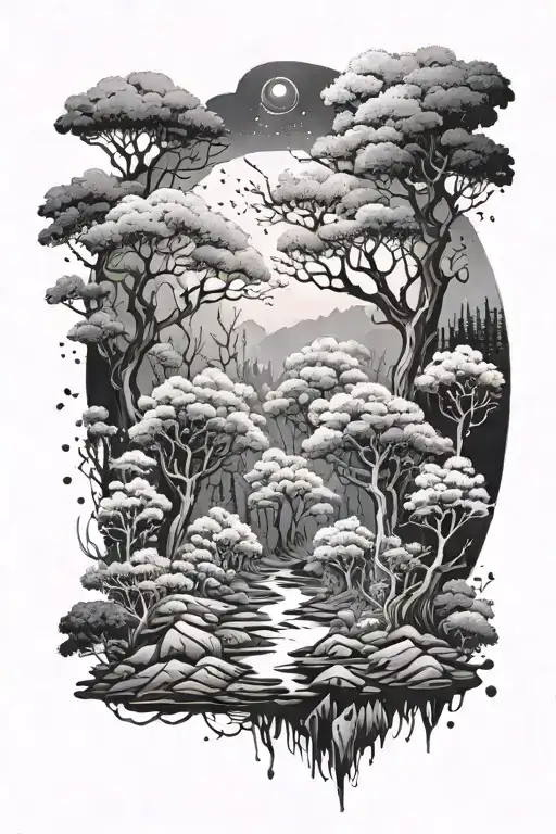 A Mystical Forest Landscape With Manga Elements Intertwined With Tree Branches
