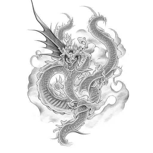 A Black And Grey Tattoo Of A Japanese Dragon Intertwined With Peony Flower High In Sky