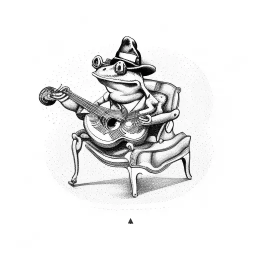 A Frog In A Hat Sitting On A Chair While Smoking A Pipe And Playing Blues On A Guitar