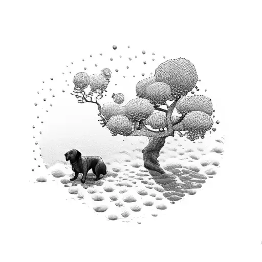 A Serene Landscape With A Dog Lying Under A Wisteria Tree