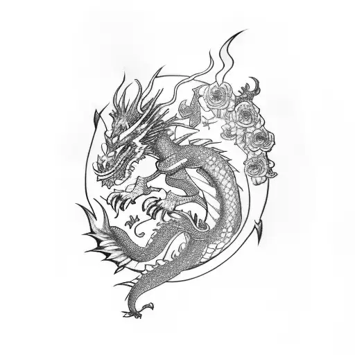 Dragon With Sword With Flowers With Lightning