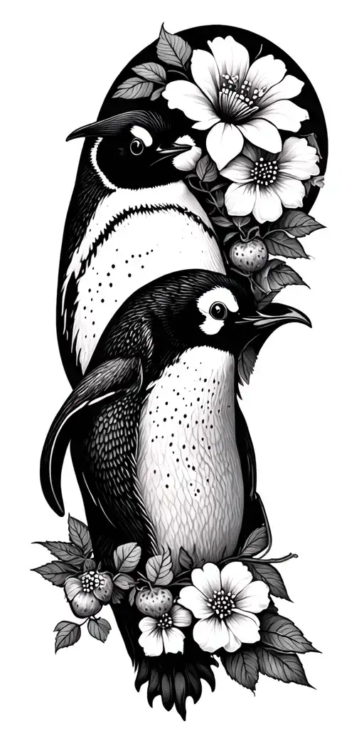Black And White Tattoo With Flowers And Strawberry Vines Wrapped Around Arm With A Penguin