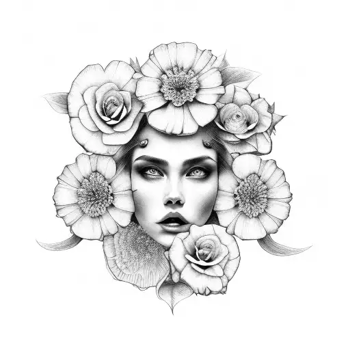 Beautiful Woman Bite Her Lip Flowers Realistic